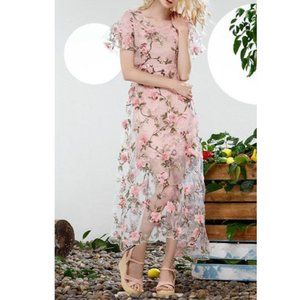 Blueoxy Pink Floral Applique Sheer Midi Dress